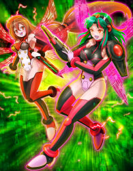 2girls absurdres arm_cannon armor bare_shoulders black_leotard breasts brown_hair corruption dagger dark_persona electricity energy_wings full_body glowing green_background green_hair hat highres holding holding_dagger holding_knife holding_weapon iris_(mega_man) kiwakiwa knife leotard long_hair medium_breasts medium_hair mega_man_(series) mega_man_x_(manga) mega_man_x_(series) multicolored_hair multiple_girls multiple_wings pink_hair pink_leotard pink_wings red_eyes red_hair red_hat red_leotard red_pupils red_wings shoulder_armor streaked_hair teal_(mega_man) two-tone_hair weapon white_leotard wings