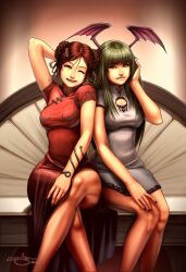 Rule 34 | bat wings, brown hair, capcom, chinese clothes, chun-li, darkstalkers, demon girl, green eyes, green hair, morrigan aensland, street fighter, street fighter 6, wings