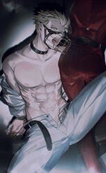 2boys absurdres belt belt_collar brothers collar collarbone fangs grey_eyes highres jacket large_pectorals light_particles looking_at_viewer male_focus millions_knives mole mole_under_eye multiple_boys muzzle_(mask) no_male_underwear open_belt open_fly open_mouth pants pectorals red_jacket red_pants siblings spread_legs teeth tongue tongue_out topless_male trigun vash_the_stampede white_pants yakikesen