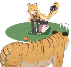 ! !! :&lt; amulet animal animal_ear_fluff animal_ears blush blush_stickers fingerless_gloves food fruit gloves grass green_eyes hands_on_ground heartbee highres jacket ju_fufu kneeling korean_commentary long_hair looking_to_the_side multicolored_hair nervous_sweating nose_blush on_grass orange_(fruit) orange_hair orange_tail outdoors ribbon shorts sidelocks sparkle sweat tail tail_ornament tail_raised tail_ribbon thigh_strap tiger tiger_ears tiger_girl tiger_stripes tiger_tail translation_request white_background zenless_zone_zero