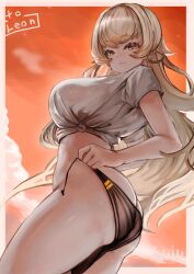 1girl absurdres adjusting_clothes adjusting_panties artist_name ass black_panties blonde_hair border breasts closed_mouth cloud cloudy_sky commentary_request commission commissioner_name cowboy_shot dot_nose eyelashes from_side highres large_breasts long_hair looking_at_viewer looking_down orange_sky original outside_border panties shirt sidelocks signature skeb_commission sky smile soleil_(soleilmtfbwy03) solo stomach thighs tied_shirt underwear wet wet_clothes wet_shirt white_border white_shirt yellow_eyes