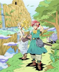 Rule 34 | 1boy, 1girl, :3, above clouds, blonde hair, blue eyes, blue sky, blue tunic, boots, brown footwear, cave, chrono trigger, cloud, creature, crono (chrono trigger), dress, floating island, full body, headband, high ponytail, jewelry, ligne claire, looking afar, mai iwaizumi, marle (chrono trigger), necklace, nu (chrono trigger), open mouth, ponytail, scarf, short hair, sky, smile, standing, strapless, strapless dress, sword, third-party source, tree, tunic, water, waterfall, weapon, white dress, white headband, yellow scarf