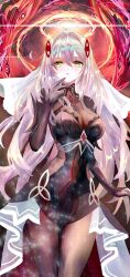 1girl black_dress bodystocking breasts closed_mouth commentary_request cowboy_shot dress genshin_impact hair_intakes headpiece highres long_hair medium_breasts miyashirokiyu ronova_(genshin_impact) solo white_hair yellow_eyes
