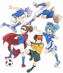 5boys armband artist_name ball blue_eyes blue_hair brown_eyes brown_hair cape closed_mouth crossed_arms dreadlocks dynamic_pose endou_mamoru foreshortening fubuki_shirou full_body gloves goalkeeper goggles gouenji_shuuya hair_over_one_eye headband highres inazuma_eleven_(series) inazuma_japan karuha kazemaru_ichirouta kidou_yuuto long_hair male_focus medium_hair midair multiple_boys open_mouth orange_headband outstretched_arm red_armband red_cape short_hair sidelocks simple_background smile soccer_ball soccer_uniform spiked_hair sportswear telstar white_background white_gloves white_hair