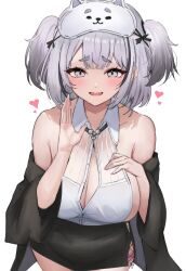 1girl aqua_eyes azur_lane black_hair black_jacket black_skirt black_streaks blush breasts cleavage commentary_request eye_mask fang gradient_hair grey_hair heart highres jacket large_breasts leaning_forward looking_at_viewer mask mask_on_head miniskirt multicolored_hair off_shoulder official_alternate_costume open_clothes open_jacket open_mouth shirt short_eyebrows sideless_shirt simple_background skin_fang skirt sleep_mask sleeveless sleeveless_shirt smile solo soul_(dp11) thick_eyebrows two_side_up white_background white_shirt z13_(azur_lane) z13_(strategic_date_solution)_(azur_lane)