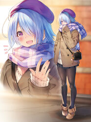 1girl :d \||/ bag beret black_bag black_pantyhose black_skirt blue_hair blurry blurry_background blush boots brick_wall brown_footwear brown_jacket charm_(object) commentary flipped_hair furrowed_brow hair_over_one_eye hand_in_pocket handbag hat high_heel_boots high_heels highres jacket long_bangs long_sleeves medium_hair multiple_views notice_lines open_mouth outdoors pantyhose plaid_clothes plaid_scarf pleated_skirt purple_eyes purple_headwear scarf sennen_sensou_aigis shoulder_bag sidewalk siena_(sennen_sensou_aigis) skirt smile standing sweater waiting waving yuasa_akira