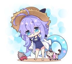 1girl absurdres animal antenna_hair bare_legs barefoot blue_eyes blue_one-piece_swimsuit blush breasts brown_hat cat collared_shirt commentary_request covered_navel dress_shirt fuyou-chan hair_between_eyes hat hermit_crab highres innertube large_breasts long_hair long_sleeves milkpanda old_school_swimsuit one-piece_swimsuit open_clothes open_shirt original parted_lips purple_hair school_swimsuit shirt short_eyebrows sleeves_past_fingers sleeves_past_wrists solo standing straw_hat swim_ring swimsuit thick_eyebrows very_long_hair white_background white_shirt