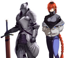 1girl 1other ahoge armor arms_behind_back bespectacled blonde_hair braid breastplate breasts cuirass cuisses denim faulds full_armor gauntlets glasses greaves helm helmet highres hinomoto_madoka holding holding_sword holding_weapon jacket jacket_partially_removed jeans knight large_breasts long_braid long_hair looking_at_viewer multicolored_hair original pants pauldrons plate_armor plume purple_eyes red_hair rerebrace shoulder_armor streaked_hair sweater sword turtleneck turtleneck_sweater very_long_hair weapon