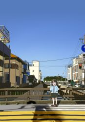 Rule 34 | 1girl, blue eyes, blue jacket, blue sky, bridge, brown shoes, building, canal, car, green skirt, hand in pocket, highres, jacket, motor vehicle, open clothes, open jacket, open mouth, original, pleated skirt, power lines, railing, scenery, shadow, shoes, sidewalk, skirt, sky, solo, surume45, truck, waving, wide shot