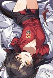 Rule 34 | 1girl, ahoge, black hair, black horns, black shorts, black tail, blue archive, breasts, coat, coat partially removed, collared shirt, demon horns, demon tail, hair intakes, halo, highres, horns, kasumi (blue archive), lab coat, long hair, long sleeves, long tail, looking at viewer, lying, on back, open mouth, red halo, red shirt, shirt, shirt tucked in, shorts, sleeves past fingers, sleeves past wrists, small breasts, tail, taketora suzume, white coat, yellow eyes