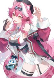 1girl animal_ears armband ascot bare_shoulders beret black_armband black_garter_straps black_gloves black_hat blue_gemstone blush breasts chattino_(raora_panthera) claw_pose coat collared_shirt commentary eyeshadow fang garter_straps gem gloves goggles goggles_on_head hair_intakes half_gloves hands_up harikoe hat high-waist_shorts highres holding holding_stylus hololive hololive_english jewelry large_breasts long_hair long_sleeves makeup multicolored_hair multiple_rings open_clothes open_coat open_mouth panther_ears panther_girl panther_tail pink_coat pink_eyeshadow pink_hair raora_panthera raora_panthera_(1st_costume) ring shirt shorts signature simple_background single_garter_strap single_glove single_half_glove smile streaked_hair stylus tail thigh_strap thighs two-tone_hair underbust virtual_youtuber white_ascot white_background white_hair white_shirt white_shorts yellow_eyes