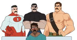 4boys abs bara beard black_hair blush brown_hair cowboy_shot facial_hair final_fight fullmetal_alchemist highres invincible_(series) king_bradley male_focus meme mike_haggar minecraft multiple_boys muscular muscular_male mustache nipples omni-man pants pectorals piper_perri_surrounded_(meme) revealyoursins simple_background steve_(minecraft) undercut white_background