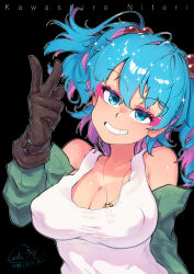 1girl alternate_costume black_background blue_eyes blue_hair blush breasts brown_gloves carte character_name cleavage colored_inner_hair commentary_request covered_erect_nipples detached_sleeves eyeshadow gloves green_sleeves grin hair_bobbles hair_ornament highres jewelry kawashiro_nitori key key_necklace large_breasts looking_at_viewer makeup multicolored_hair necklace pink_eyeshadow pink_hair short_hair signature simple_background smile solo tank_top touhou two_side_up upper_body v white_tank_top
