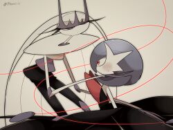 a-nya alternate_color antennae artist_name black_dress black_gloves blue_hair blush bob_cut colored_skin dress elbow_gloves gardevoir gen_3_pokemon gen_7_pokemon gloves highres long_hair mega_gardevoir mega_pokemon multicolored_skin nintendo orange_eyes pheromosa pokemon pokemon_(creature) shiny_pokemon simple_background strapless strapless_dress string string_of_fate sweatdrop ultra_beast very_long_hair white_skin