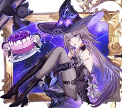Rule 34 | 3girls, bare shoulders, black boots, black choker, black dress, black hat, boots, choker, dress, fork, grey hair, grey pantyhose, hat, herta (honkai: star rail), high heel boots, high heels, highres, holding, holding fork, honkai: star rail, honkai (series), knees up, long hair, mini person, minigirl, multiple girls, pantyhose, purple eyes, saint laurent paris, sitting, smile, the herta (honkai: star rail), very long hair, witch hat