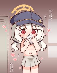 Rule 34 | 1girl, aoba (blue archive), bare arms, bare shoulders, blue archive, blue hat, blunt bangs, blush, clothes pull, commentary request, cowboy shot, halo, hana kazari, hat, highres, medium hair, navel, red eyes, shirt, shirt pull, skirt, sleeveless, sleeveless shirt, smelling, smelling clothes, solo, translation request, white hair, white shirt, white skirt, yellow halo