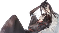 Rule 34 | 1010923, 2boys, arm up, bishounen, black hair, black hanfu, bracer, chinese clothes, closed mouth, couple, dappled sunlight, grey eyes, hair ribbon, half-closed eyes, hanfu, headband, high ponytail, highres, knees up, lan wangji, long hair, long sleeves, looking at another, lying, lying on person, male focus, modao zushi, multiple boys, on back, ponytail, red ribbon, red sash, ribbon, robe, sash, sidelocks, simple background, sitting, smile, sunlight, topknot, wei wuxian, white background, white hanfu, white headband, wide sleeves, xiao guan (headdress), yaoi