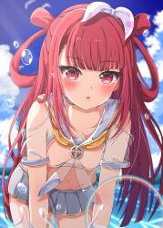 Rule 34 | 1girl, :o, absurdres, beatmania iidx, bemani, blue sky, blunt bangs, blurry, blush, bow, cloud, cloudy sky, collarbone, commentary, day, depth of field, highres, leaning forward, lida vv, long hair, looking at viewer, miniskirt, navel, outdoors, parted lips, pleated skirt, red eyes, red hair, sailor collar, skirt, sky, solo, standing, umegiri ameto, very long hair, water, water drop