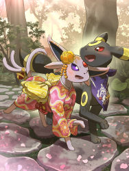 ;d blush clothed_pokemon commentary_request day espeon espeon_(pokebuki) gen_2_pokemon highres nintendo no_humans one_eye_closed open_mouth outdoors petals pokemon pokemon_(creature) pokemon_unite purple_eyes red_eyes rope smile standing tongue tree umbreon yamaori_(hakkentai_pokedan)
