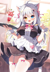 1girl :d aina_rive animal_ear_fluff animal_ears antenna_hair apron black_dress blue_eyes blurry blurry_background blush breasts brown_eyes cat_hair_ornament center_frills commentary_request depth_of_field dress food frilled_apron frills fruit garter_straps grey_hair hair_intakes hair_ornament hair_ribbon hairclip heart heart_hair_ornament heterochromia highres holding holding_spoon holding_tray indoors long_hair looking_at_viewer mauve medium_breasts open_mouth original parfait pocky puffy_short_sleeves puffy_sleeves red_ribbon revision ribbon short_sleeves smile solo spoon strawberry thighhighs tray very_long_hair white_apron white_thighhighs wrist_cuffs