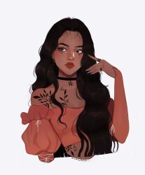 1girl aegyo_sal brown_eyes brown_hair chest_tattoo choker crop_top dark-skinned_female dark_skin detached_sleeves disney earrings eyeliner fashion grey_nails highres jewelry juliet_sleeves long_hair long_sleeves looking_to_the_side makeup moana_(movie) mole mole_under_eye off-shoulder_shirt off_shoulder orange_tube_top puffy_sleeves redesign ring shirt simple_background solo strapless tattoo thick_eyebrows thick_lips tube_top twitter_username upper_body wavy_hair zeebythesea