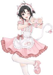1girl :3 ;d absurdres aburi-gatana alternate_costume animal_ears antenna_hair apron armband asymmetrical_bangs bare_shoulders bell belt_collar black_hair bow cat_ears cat_tail collar collarbone cowboy_shot dot_nose dress enmaided eyelashes foot_up frilled_armband frilled_dress frilled_wrist_cuffs frills grey_hair hair_ribbon heart heart_hands highres idolmaster idolmaster_(classic) idolmaster_million_live! idolmaster_million_live!_theater_days kikuchi_makoto light_blush looking_at_viewer maid maid_apron maid_day maid_headdress mary_janes messy_hair neck_bell one_eye_closed open_mouth parted_bangs paw_print pink_bow pink_dress pink_shoes ribbon shoes short_hair short_twintails sleeveless sleeveless_dress smile socks solo tail thighhighs twintails waist_apron white_background white_socks white_thighhighs wrist_cuffs