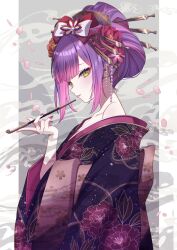 Rule 34 | 1girl, black kimono, from side, green eyes, grey background, hair bun, highres, hololive, japanese clothes, kimono, nametakeko, pink lips, pink nails, pink petals, purple hair, single bare shoulder, single off shoulder, smoking pipe, solo, tokoyami towa, upper body, virtual youtuber