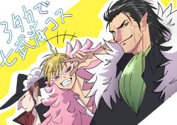 3boys beard black_hair blonde_hair brown_hair coat commentary_request cosplay crocodile_(one_piece) crocodile_(one_piece)_(cosplay) donquixote_doflamingo donquixote_doflamingo_(cosplay) dracule_mihawk dracule_mihawk_(cosplay) facial_hair feather_coat fire_emblem fire_emblem:_radiant_dawn fur-trimmed_coat fur_trim hair_slicked_back hat highres janaff_(fire_emblem) laguz_(fire_emblem) male_focus multiple_boys naesala1063 nintendo one_piece red-tinted_eyewear scar scar_on_face smile sunglasses teeth tibarn_(fire_emblem) tinted_eyewear translation_request ulki_(fire_emblem) v yellow_eyes