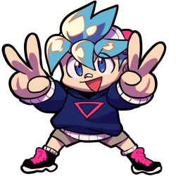 1boy :d ankle_boots aqua_hair backwards_hat baseball_cap black_boots black_outline blue_eyes blue_hood blue_hoodie blue_sleeves boots brown_shorts chibi chibi_only corocoro_comic double_v gungho hat hood hood_down hoodie kappei_(ninjala) kushabiria lace-up_boots legs_apart looking_at_viewer ninjala nose_tape official_art open_mouth orange_outline outline outstretched_arms second-party_source shorts simple_background smile solo standing thick_outlines triangle_print v white_background white_hat