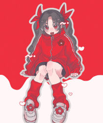 Rule 34 | 1girl, aged down, black skirt, blush, floral print, flower, ha yuri zahard, hair ribbon, heart, highres, jacket, light blush, long hair, long sleeves, looking at viewer, loose socks, miniskirt, open mouth, original, outline, red background, red eyes, red flower, red jacket, red ribbon, red socks, ribbon, shadow, shoes, sitting, skirt, smile, sneakers, socks, solo, tower of god, twintails, two-tone background, white background, white outline, white shoes, wy285223, zipper, zipper pull tab