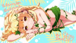 1girl absurdres animal_ears bananajuju bikini blonde_hair brown_eyes english_text highres indie_virtual_youtuber leaf_bikini long_hair looking_at_viewer lying monkey_ears monkey_girl on_side plant_clothing signature smile solo swimsuit virtual_youtuber yui_mirano