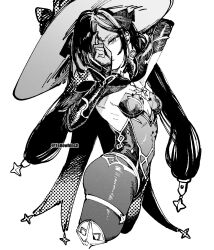 1girl arm_up breasts cape choker closed_mouth commentary cropped_jacket elbow_gloves genshin_impact gloves greyscale hair_ornament hair_ribbon hat highres jewelry leotard long_hair looking_at_viewer mona_(genshin_impact) monochrome otimusyairoha pantyhose ribbon shaded_face simple_background small_breasts solo strapless strapless_leotard thighlet twintails twitter_username witch_hat