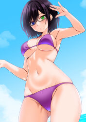 1girl armpits arms_up bare_arms bare_legs bare_shoulders bikini blue_eyes blue_sky blush breasts closed_mouth collarbone commission day engo_(aquawatery) full_body green_eyes hair_between_eyes heterochromia highres large_breasts looking_at_viewer navel ocean off_shoulder original outdoors pixiv_commission presenting_armpit purple_bikini short_hair sky solo standing swimsuit