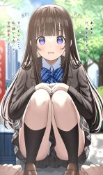1girl black_hair black_jacket black_skirt black_socks blazer blue_bow blush bow breasts highres jacket kneehighs long_hair long_sleeves looking_at_viewer mizukoshi_(marumi) open_mouth original panties plaid_clothes plaid_skirt pleated_skirt purple_eyes school_uniform shirt shoes skirt socks solo squatting underwear white_panties white_shirt