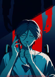 1boy 1other behind_another blue_theme commentary_request finger_to_mouth hair_between_eyes hands_up highres holding holding_phone index_finger_raised looking_at_viewer male_focus meguriya_ayumu meiji_ken phone shirt short_hair shushing silhouette smile spot_color standing talking_on_phone toshi_densetsu_kaitai_center triangle_necklace upper_body wheelchair