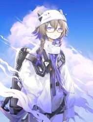 1girl :| animal_ears arknights arms_at_sides bandaid bandaid_on_face blue_sky braid brown_hair bucket_hat closed_mouth cloud coat commentary_request contrail_(arknights) cowboy_shot ears_through_headwear gradient_hair grey_shirt hat highres jetpack jixing multicolored_hair purple_hair red-framed_eyewear semi-rimless_eyewear shirt sky solo twin_braids white_coat white_hat