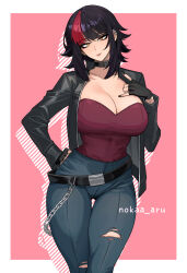 1girl \n/ absurdres belt belt_collar black_belt black_eyeliner black_gloves black_hair black_jacket black_nails blue_pants border breasts chain cleavage collar commentary commission denim ear_piercing english_commentary eyeliner feet_out_of_frame fingerless_gloves gloves gluteal_fold hand_on_own_chest hand_on_own_hip highres jacket jeans large_breasts leather leather_jacket light_smile long_sleeves looking_at_viewer makeup medium_hair multicolored_hair nail_polish nokaa_aru open_clothes open_jacket original outside_border pants parted_lips piercing pink_background red_hair red_shirt red_streaks shirt solo standing thigh_gap torn_clothes torn_pants twitter_username two-tone_hair very_long_fingernails white_border yellow_eyes