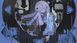 1girl absurdres asymmetrical_legwear black_shoes black_shorts blue_eyes blue_jacket closed_mouth controller from_side full_body gauze gauze_on_leg hair_ornament hair_over_one_eye highres holding holding_remote_control jacket lankilanki long_hair long_sleeves looking_at_viewer looking_to_the_side mismatched_legwear open_clothes open_jacket original remote_control shirt shoes shorts sitting sneakers socks solo