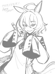 1girl agnes_tachyon_(umamusume) animal_ears character_name collared_shirt cork greyscale hair_between_eyes highres holding holding_test_tube horse_ears horse_girl horse_tail lab_coat mir_(miryumiya) monochrome necktie open_clothes parted_lips shirt short_necktie simple_background smile solo tail test_tube umamusume white_background
