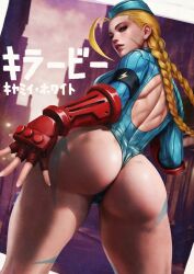1girl ass ass_focus back_cutout blonde_hair blue_eyes braid cammy_white clothing_cutout fingerless_gloves from_behind gloves hat highres leotard lips long_hair long_sleeves monori_rogue scar scar_on_face street_fighter street_fighter_zero_(series) thong_leotard