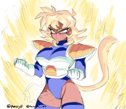 Rule 34 | 1girl, artist name, aura, bare hips, blonde hair, breasts, dragon ball, facing to the side, gloves, hands on own hips, leotard, looking to the side, monkey tail, original, rumblyf, saiyan, saiyan armor, scar, simple background, solo, spiked hair, super saiyan, tail, thighhighs, twitter username, white background
