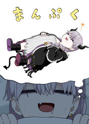 Rule 34 | 1girl, :d, black boots, black jacket, boots, closed eyes, commentary request, demon girl, demon horns, demon tail, dreaming, dress, earrings, fang, hair between eyes, highres, hood, hood down, hooded jacket, horns, jacket, jewelry, multicolored hair, open clothes, open jacket, open mouth, original, pageratta, pointy ears, purple hair, saliva, sharp teeth, shoe soles, smile, streaked hair, tail, teeth, translation request, white dress, white hair