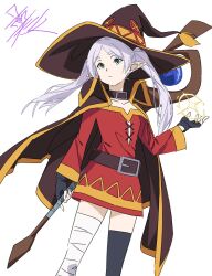Rule 34 | 1girl, bandaged leg, bandages, belt, black belt, black cape, black choker, black gloves, black thighhighs, cape, choker, closed mouth, collarbone, cosplay, dress, feet out of frame, fingerless gloves, frieren, gloves, grey hair, hat, highres, holding, holding staff, long sleeves, megumin, megumin (cosplay), parted bangs, red dress, simple background, single thighhigh, sousou no frieren, staff, taku1122, thighhighs, twintails, white background, witch hat, zettai ryouiki
