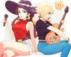 Rule 34 | absurdres, black shirt, blonde hair, blue eyes, breasts, brown hair, denim, donkey kong (series), earrings, eyeshadow, gold earrings, guitar, hair over one eye, hat, highres, holding, holding guitar, holding instrument, holding microphone, instrument, jeans, jewelry, large breasts, lipstick, long hair, looking at viewer, luma (mario), makeup, mario (series), microphone, multiple girls, nintendo, pants, pauline (mario), power moon, red lips, red shirt, rosalina, shirt, short sleeves, shorts, simple background, sleeveless, smile, star (symbol), star earrings, sun hat, super mario galaxy, super mario odyssey, truejekart, white shorts