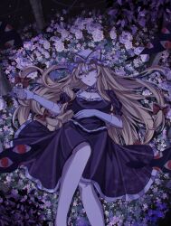 1girl absurdres blonde_hair breasts choker cleavage commentary dress elbow_gloves english_commentary expressionless feet_out_of_frame field flower flower_field frills gap_(touhou) gloves hair_between_eyes hand_on_own_stomach hat highres holding holding_flower izumi_481 long_hair lying mob_cap on_back purple_dress ribbon_choker short_sleeves solo touhou very_long_hair white_gloves yakumo_yukari yellow_eyes