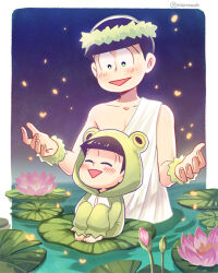 2boys animal_costume bug chibi closed_eyes dual_persona fingernails firefly flower frog_costume green_eyes honest_axe insect laurel_crown lily_pad male_focus matsuno_choromatsu meoon multiple_boys night night_sky open_mouth osomatsu-san osomatsu_(series) parody robe sky toga triangle_mouth wading water_lily_flower