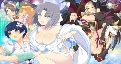 5girls :q aqua_kimono armor backpack bag bell black_cape black_hat black_thighhighs blonde_hair blue_eyes blue_hair breasts brown_hair cape christmas_tree cleavage dress eyeshadow floral_print floral_print_kimono flower game_cg grey_hair hair_flower hair_ornament hair_ribbon hairband hannya hat highres japanese_armor japanese_clothes kimono kote kurokote large_breasts long_hair makeup mask medium_hair minori_(senran_kagura) mole mole_under_mouth moon multiple_girls murakumo_(senran_kagura) neck_bell noh_mask non-web_source official_art open_mouth outdoors parted_bangs print_kimono red_eyes red_ribbon ribbon senran_kagura senran_kagura_estival_versus shiki_(senran_kagura) short_hair side_ponytail skull_print sky smile star_(sky) starry_sky striped_clothes striped_thighhighs thighhighs tongue tongue_out twintails white_hairband white_kimono white_ribbon yaegashi_nan yellow_dress yozakura_(senran_kagura) yumi_(senran_kagura)
