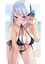 1girl beach bent_over bikini black_bikini blue_eyes blue_flower blue_hair blue_rose blue_sky blush bob_cut breasts cleavage cross_hair_ornament flower hair_flower hair_ornament hand_on_own_thigh hand_up hiiragi_seraphy honey_trap_shared_house image_sample kouzuki_kouichi medium_breasts navel ocean official_art open_clothes raised_inner_eyebrows rose side-tie_bikini_bottom simple_background sky solo string_bikini string_in_mouth swimsuit third-party_source untied_bikini untied_bikini_top wet
