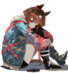 1girl absurdres animal_ears black_boots black_gloves black_thighhighs blue_jacket boots bow brown_hair closed_mouth commentary ear_ribbon eyewear_on_head from_side glasses gloves highres hood hood_down horse_ears horse_girl horse_tail hugging_own_legs jacket knees_up no_uwazumi on_floor open_clothes open_jacket red-framed_eyewear red_eyes red_ribbon ribbon short_hair simple_background sitting smile solo tail thighhighs transcend_(umamusume) umamusume unworn_gloves white_background