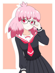 1girl black_serafuku blush boku_no_hero_academia glasses haneyama_kazuho highres long_sleeves looking_at_viewer neckerchief outline pink_eyes pink_hair red_background red_neckerchief sailor_collar school_uniform serafuku shirt skirt solo vigilante_-boku_no_hero_academia:_illegals- white_outline white_sailor_collar yuunosuke_miyata